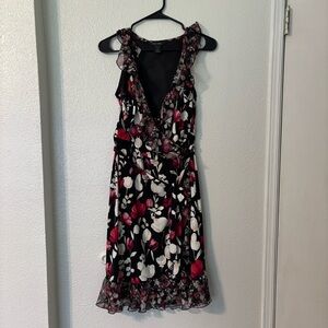 White House Black Market Floral Black and Pink Ruffle Women's Dress